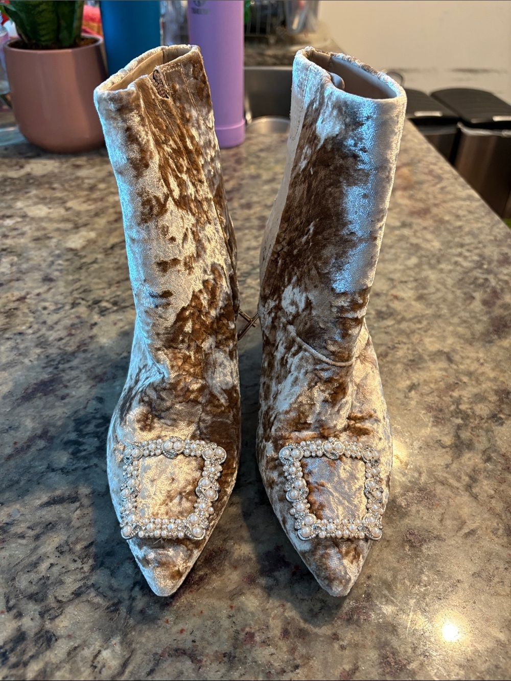 Sam Edelman Velvet Pearl-Buckle Pointed Ankle Boots - Taupe Brown